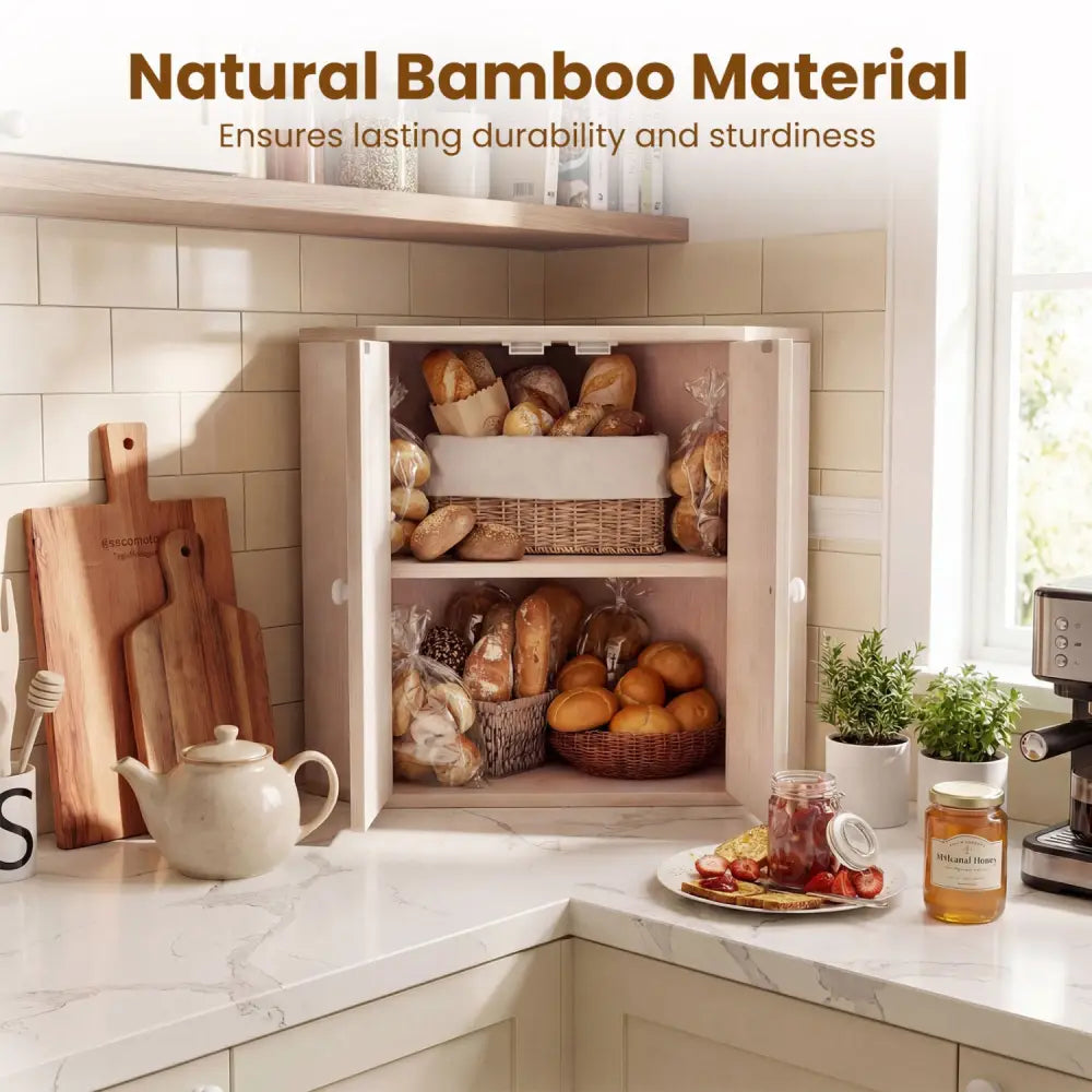 Corner Bread Box for Kitchen Counter Bamboo Double Layer Breadbox Organizer-White - White - Sideboards Cabinets &