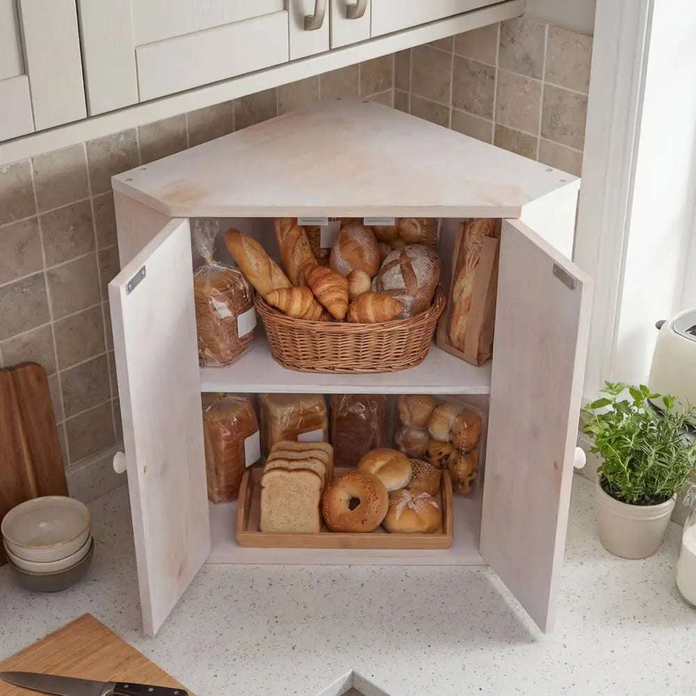 Corner Bread Box for Kitchen Counter Bamboo Double Layer Breadbox Organizer-White - White - Sideboards Cabinets &