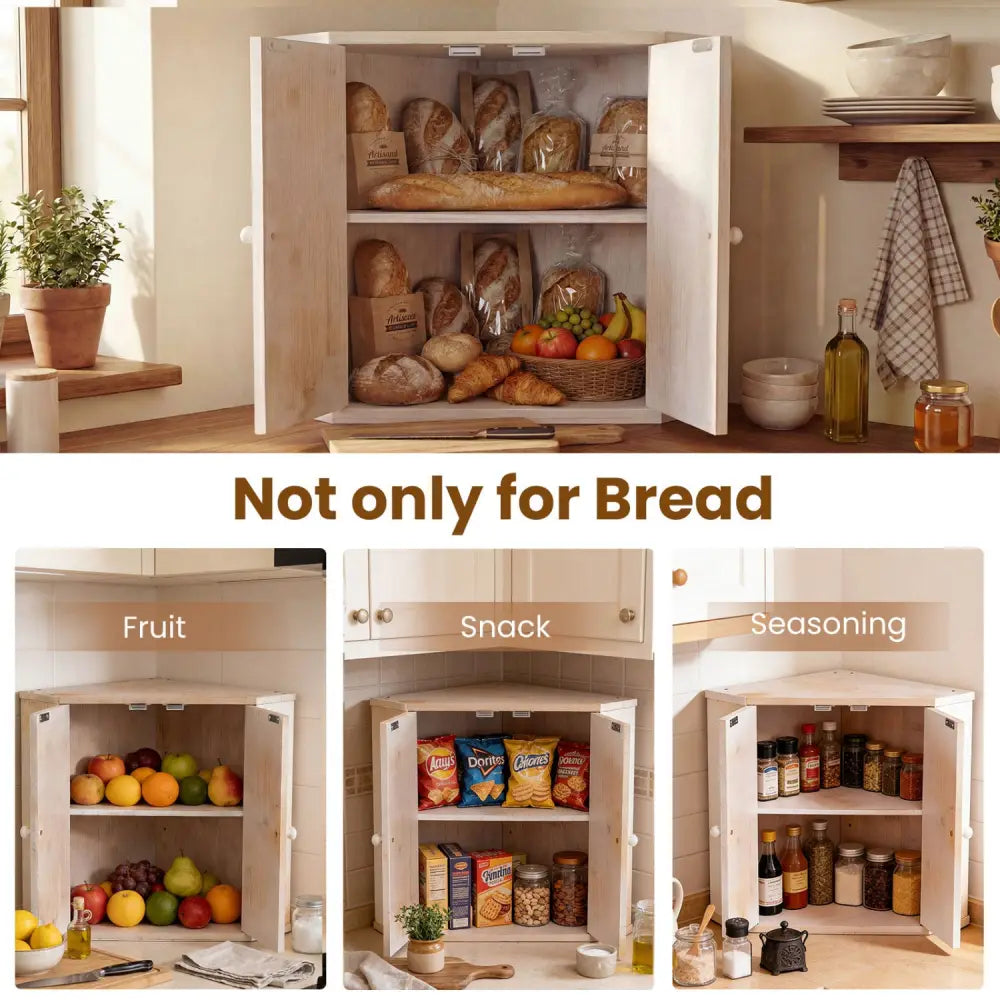 Corner Bread Box for Kitchen Counter Bamboo Double Layer Breadbox Organizer-White - White - Sideboards Cabinets &