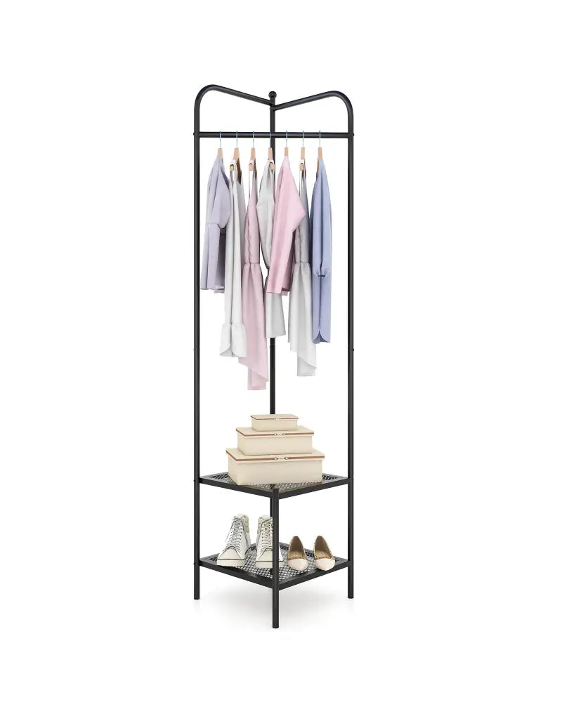 Corner Coat Rack with Top Hanger and 2 Mesh Shelves for Entryway Hallway Living Room Bedroom-Black - Black - Coat Racks