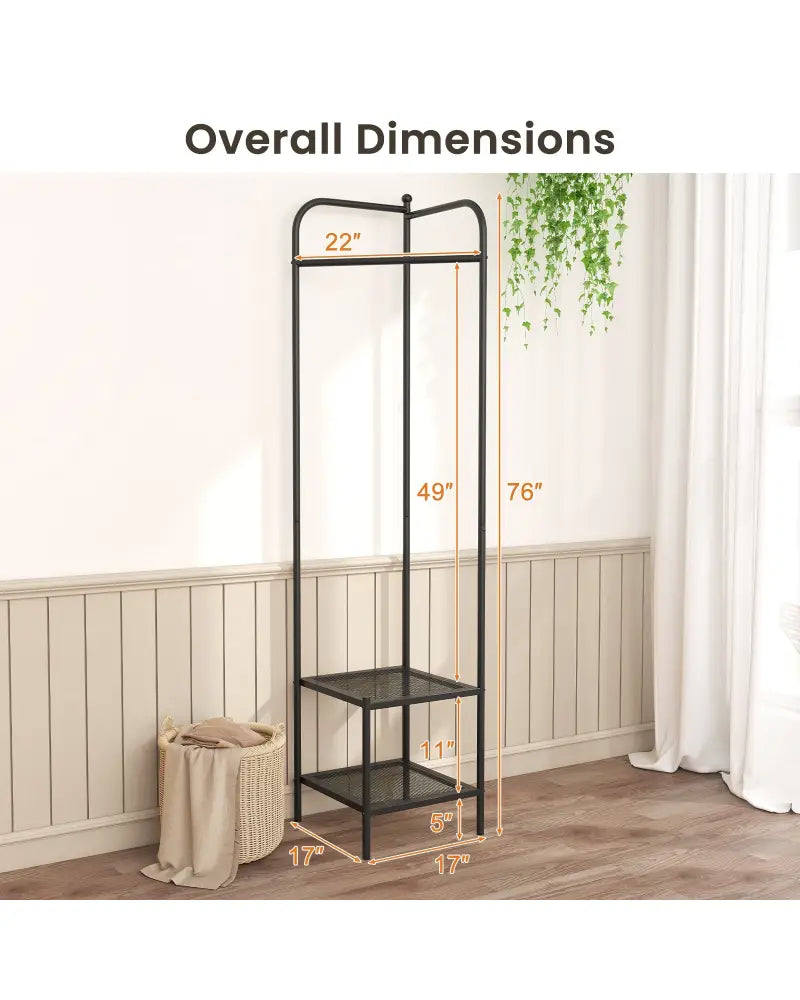 Corner Coat Rack with Top Hanger and 2 Mesh Shelves for Entryway Hallway Living Room Bedroom-Black - Black - Coat Racks