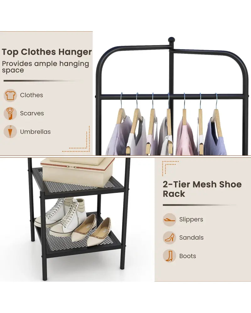 Corner Coat Rack with Top Hanger and 2 Mesh Shelves for Entryway Hallway Living Room Bedroom-Black - Black - Coat Racks