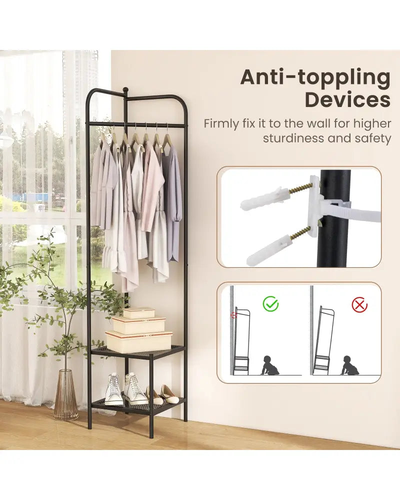 Corner Coat Rack with Top Hanger and 2 Mesh Shelves for Entryway Hallway Living Room Bedroom-Black - Black - Coat Racks