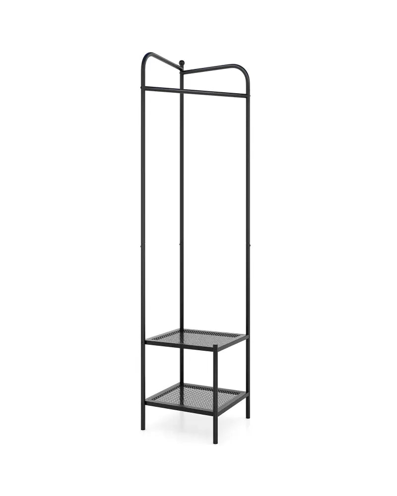 Corner Coat Rack with Top Hanger and 2 Mesh Shelves for Entryway Hallway Living Room Bedroom-Black - Black - Coat Racks