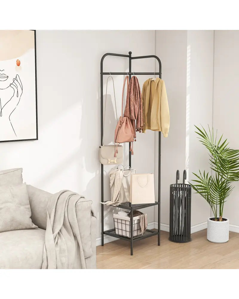Corner Coat Rack with Top Hanger and 2 Mesh Shelves for Entryway Hallway Living Room Bedroom-Black - Black - Coat Racks