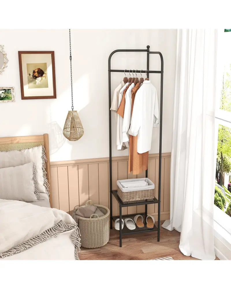 Corner Coat Rack with Top Hanger and 2 Mesh Shelves for Entryway Hallway Living Room Bedroom-Black - Black - Coat Racks