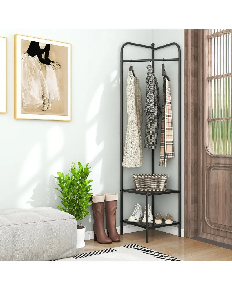 Corner Coat Rack with Top Hanger and 2 Mesh Shelves for Entryway Hallway Living Room Bedroom-Black - Black - Coat Racks