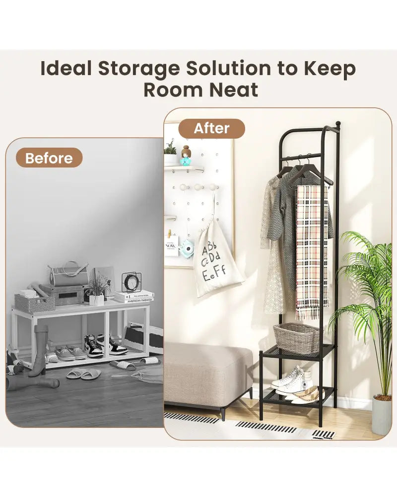 Corner Coat Rack with Top Hanger and 2 Mesh Shelves for Entryway Hallway Living Room Bedroom-Black - Black - Coat Racks