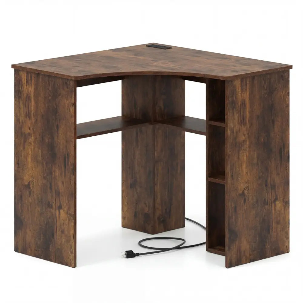 Corner Computer Desk Triangle Home Office Desk with Adjustable Shelf and Arc-Shaped Profile-Rustic Brown - Rustic Brown