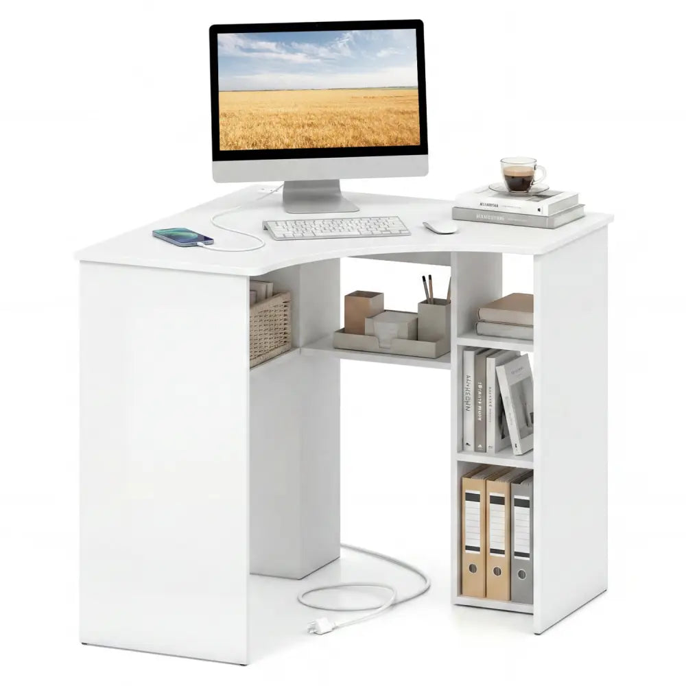 Corner Computer Desk Triangle Home Office Desk with Adjustable Shelf and Arc-Shaped Profile-White - White - Corner Desks