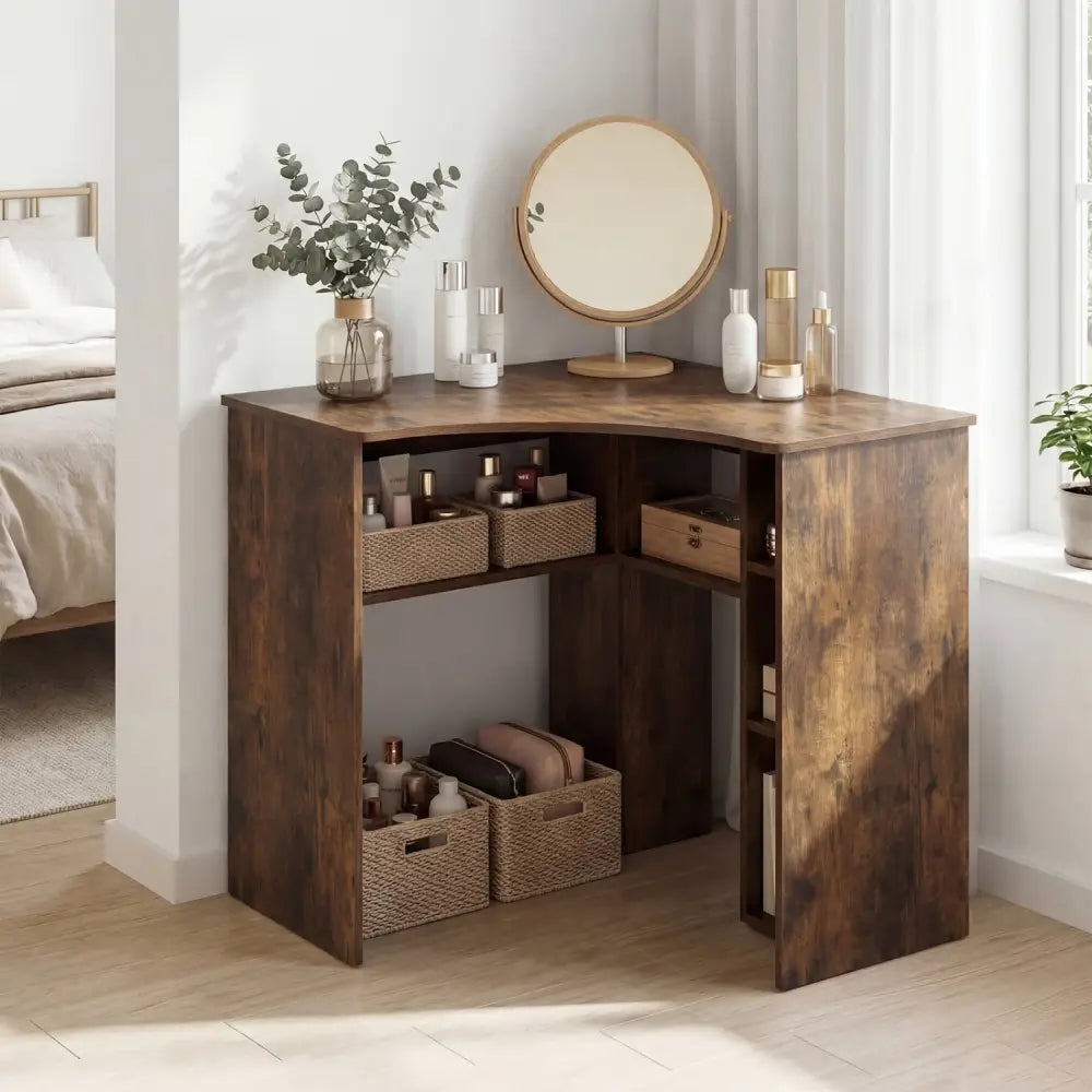 Corner Computer Desk Triangle Home Office Desk with Adjustable Shelf and Arc-Shaped Profile-Rustic Brown - Rustic Brown