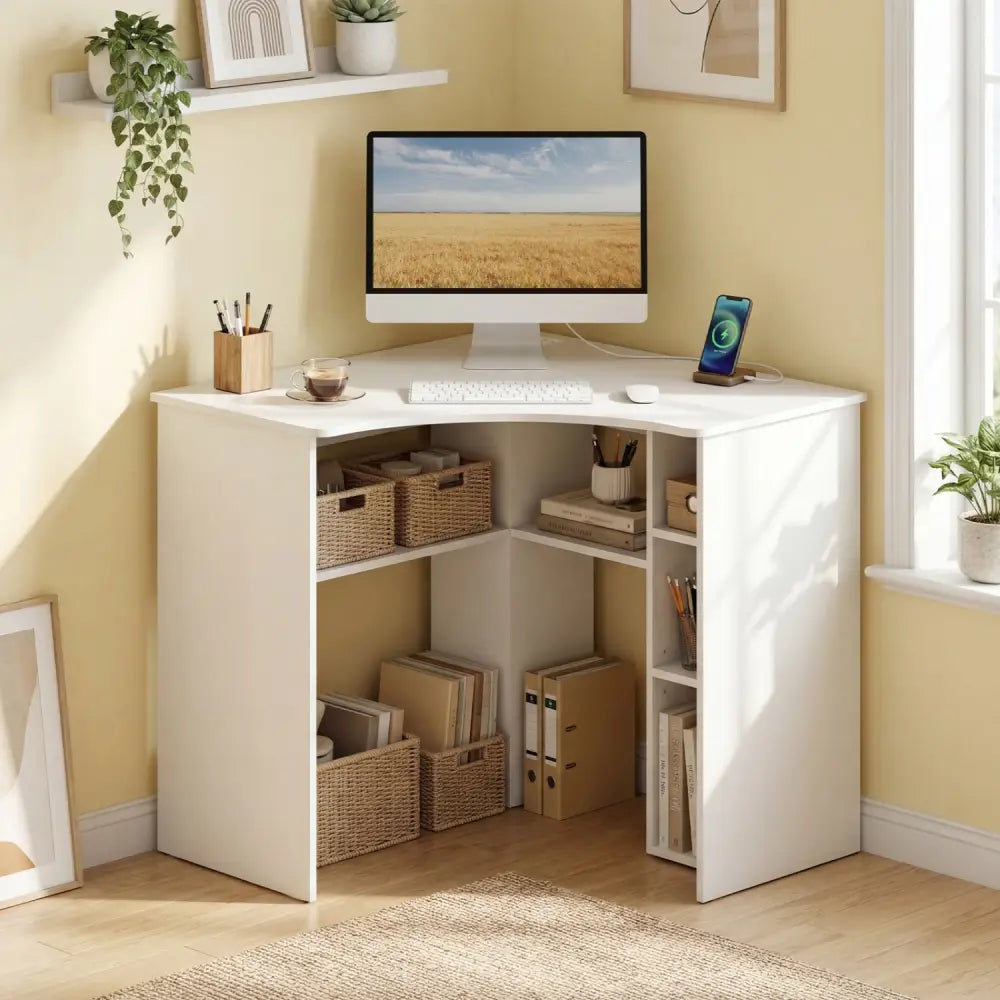 Corner Computer Desk Triangle Home Office Desk with Adjustable Shelf and Arc-Shaped Profile-White - White - Corner Desks
