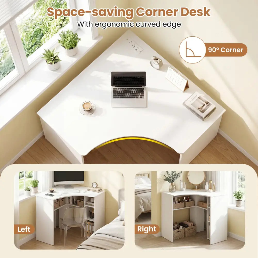 Corner Computer Desk Triangle Home Office Desk with Adjustable Shelf and Arc-Shaped Profile-White - White - Corner Desks