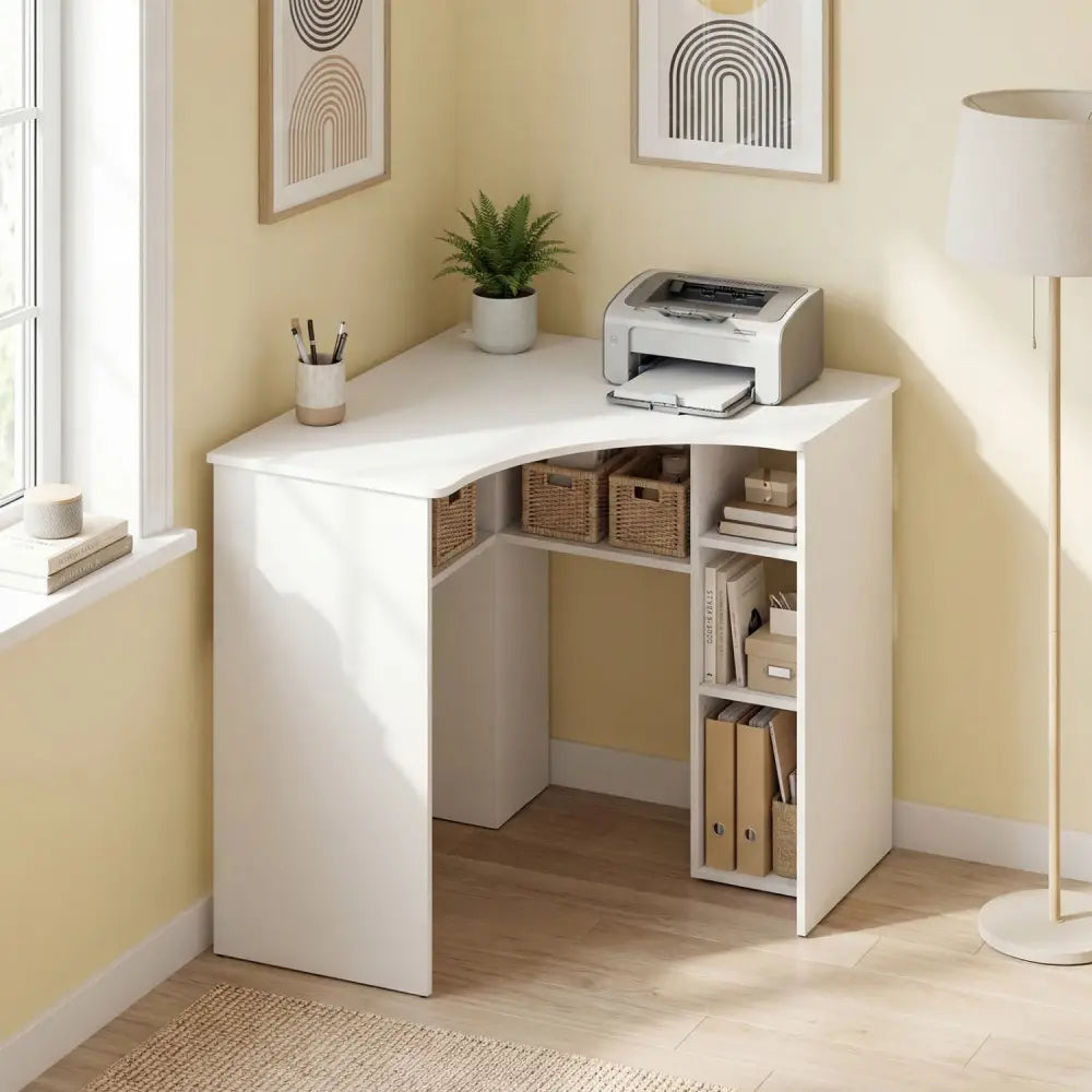 Corner Computer Desk Triangle Home Office Desk with Adjustable Shelf and Arc-Shaped Profile-White - White - Corner Desks