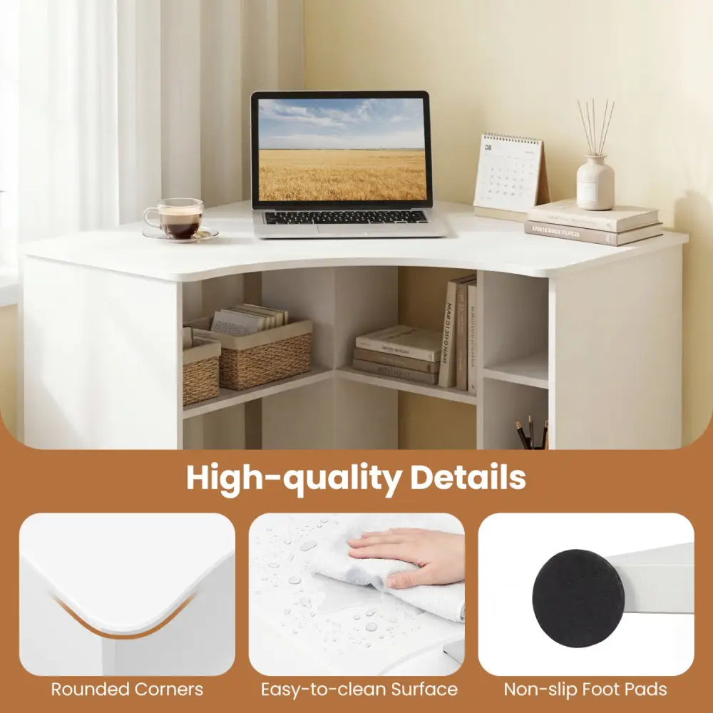 Corner Computer Desk Triangle Home Office Desk with Adjustable Shelf and Arc-Shaped Profile-White - White - Corner Desks