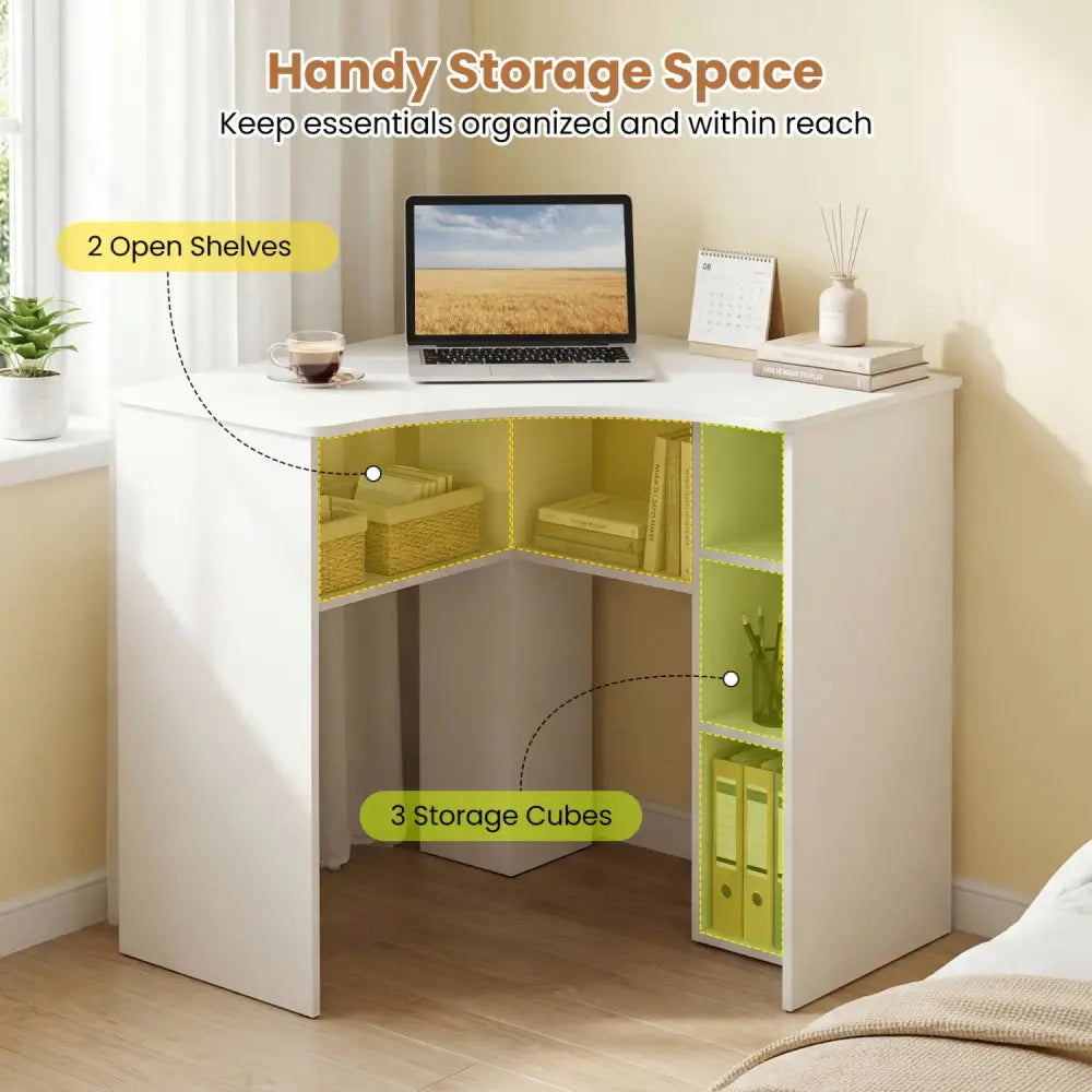 Corner Computer Desk Triangle Home Office Desk with Adjustable Shelf and Arc-Shaped Profile-White - White - Corner Desks