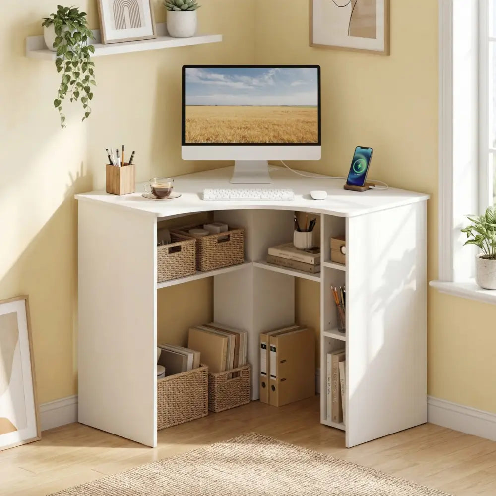 Corner Computer Desk Triangle Home Office Desk with Adjustable Shelf and Arc-Shaped Profile-White - White - Corner Desks