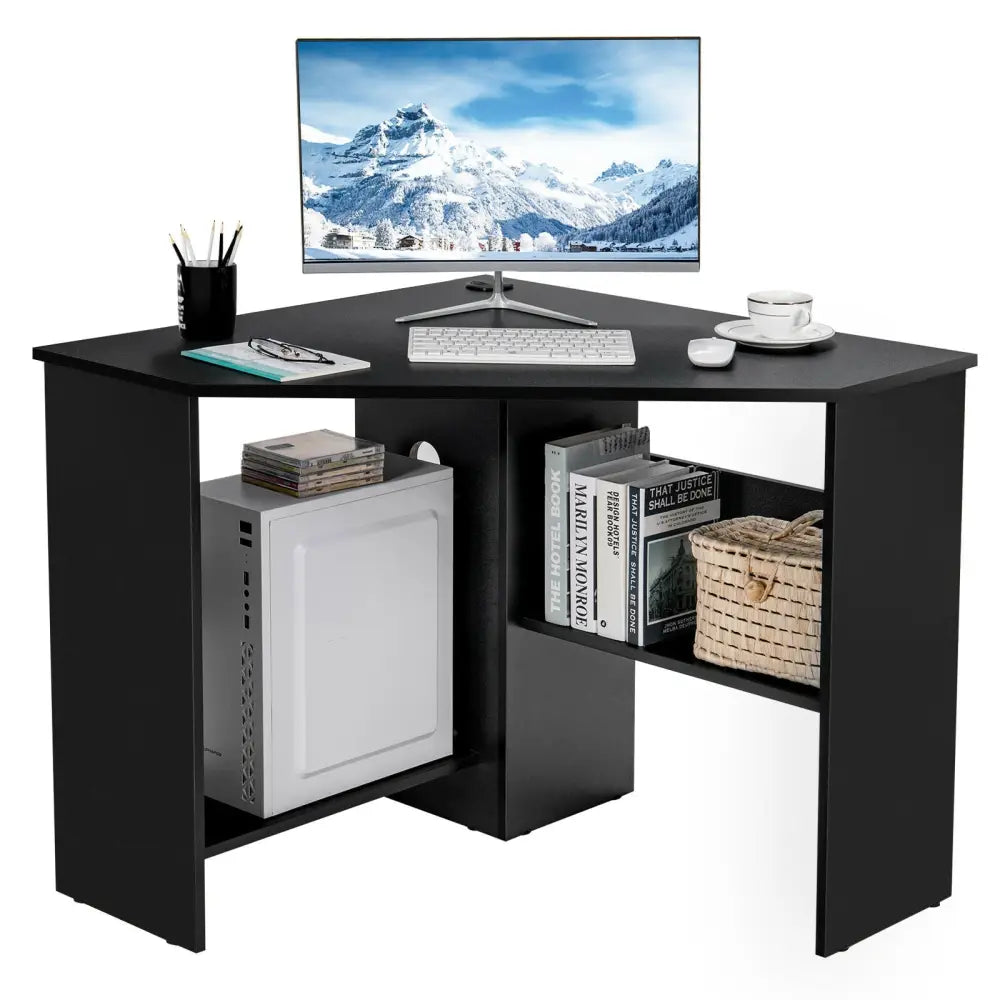 Corner Computer Desk Triangle Writing Workstation with Storage Shelf-Black - Black - Corner Desks