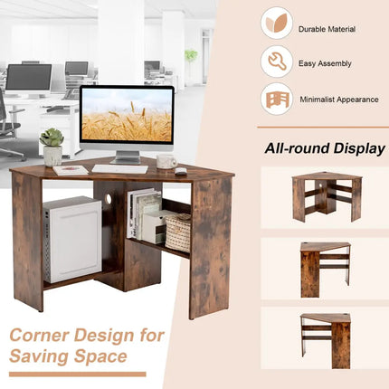 Corner Computer Desk Triangle Writing Workstation with Storage Shelf-Rustic Brown - Rustic Brown - Corner Desks