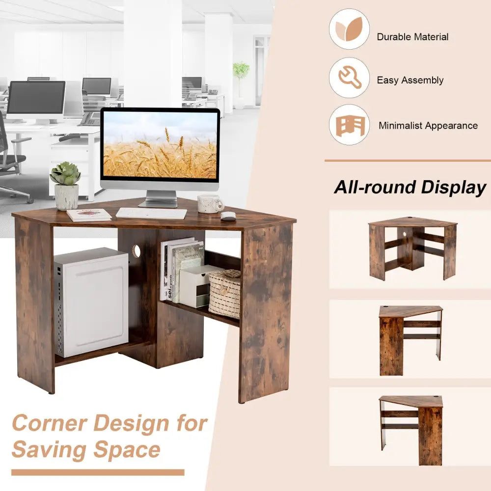 Corner Computer Desk Triangle Writing Workstation with Storage Shelf-Rustic Brown - Rustic Brown - Corner Desks