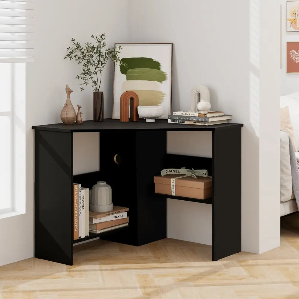 Corner Computer Desk Triangle Writing Workstation with Storage Shelf-Black - Black - Corner Desks