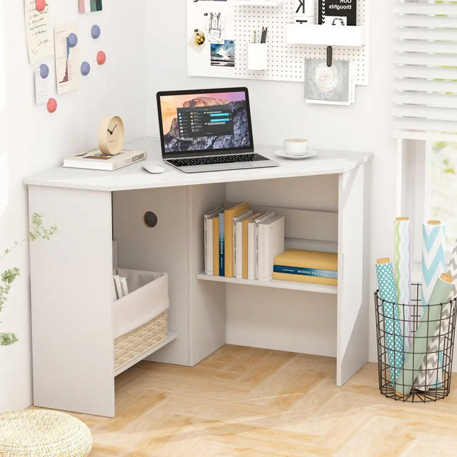 Corner Computer Desk Triangle Writing Workstation with Storage Shelf-White - White - Corner Desks