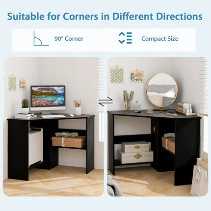 Corner Computer Desk Triangle Writing Workstation with Storage Shelf-Black - Black - Corner Desks