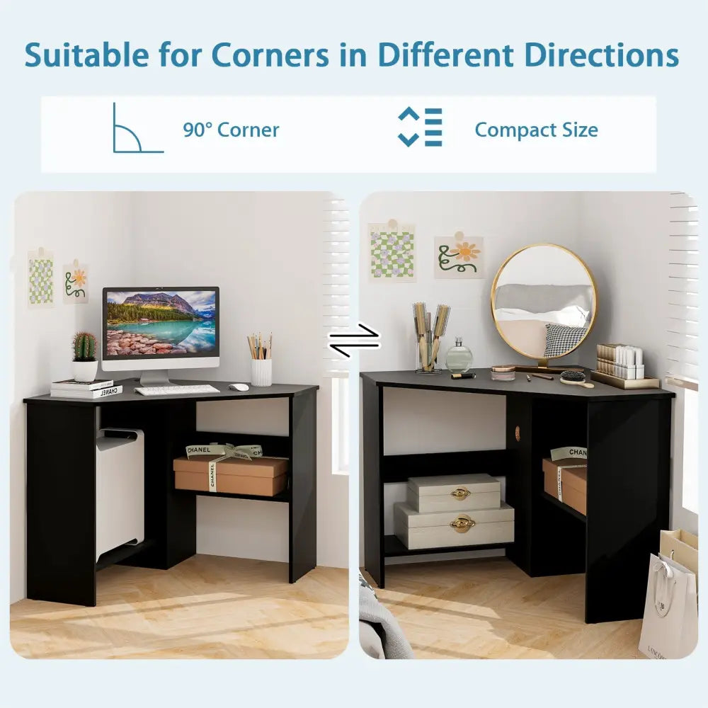 Corner Computer Desk Triangle Writing Workstation with Storage Shelf-Black - Black - Corner Desks