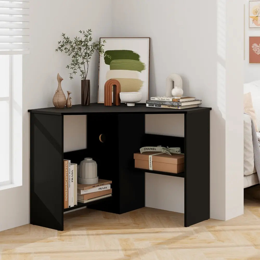 Corner Computer Desk Triangle Writing Workstation with Storage Shelf-Black - Black - Corner Desks