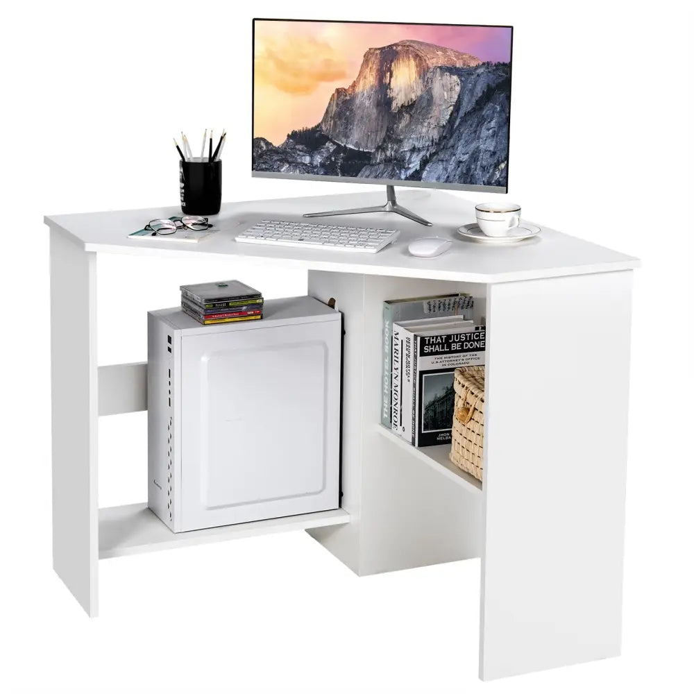 Corner Computer Desk Triangle Writing Workstation with Storage Shelf-White - White - Corner Desks