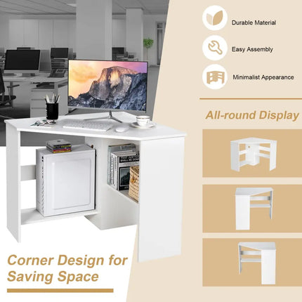 Corner Computer Desk Triangle Writing Workstation with Storage Shelf-White - White - Corner Desks