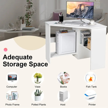 Corner Computer Desk Triangle Writing Workstation with Storage Shelf-White - White - Corner Desks