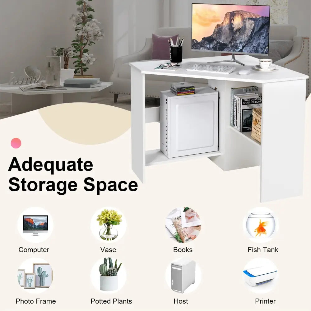 Corner Computer Desk Triangle Writing Workstation with Storage Shelf-White - White - Corner Desks