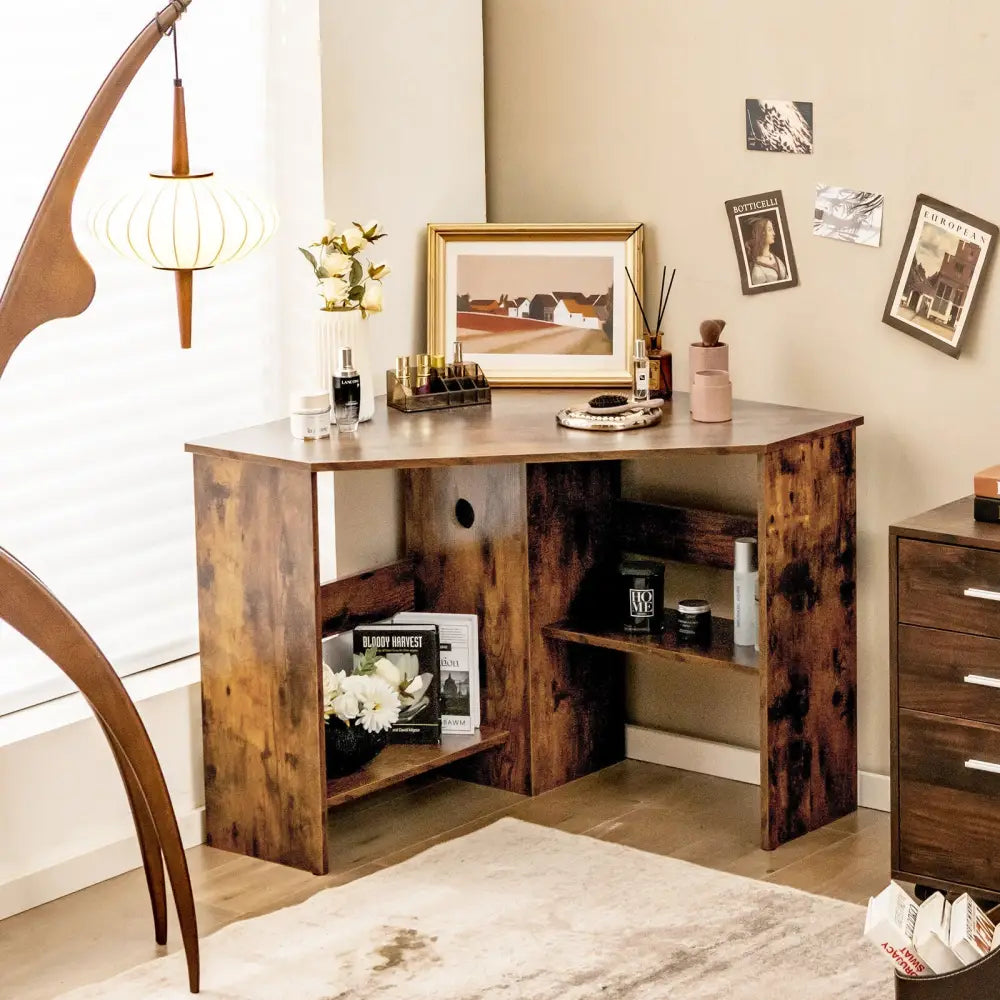 Corner Computer Desk Triangle Writing Workstation with Storage Shelf-Rustic Brown - Rustic Brown - Corner Desks