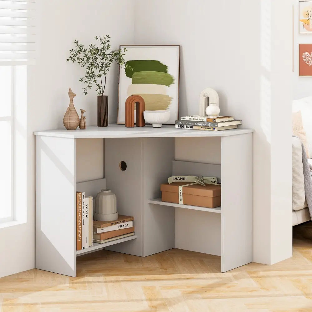 Corner Computer Desk Triangle Writing Workstation with Storage Shelf-White - White - Corner Desks