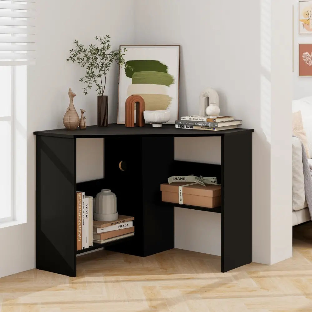 Corner Computer Desk Triangle Writing Workstation with Storage Shelf-Black - Black - Corner Desks