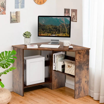 Corner Computer Desk Triangle Writing Workstation with Storage Shelf-Rustic Brown - Rustic Brown - Corner Desks