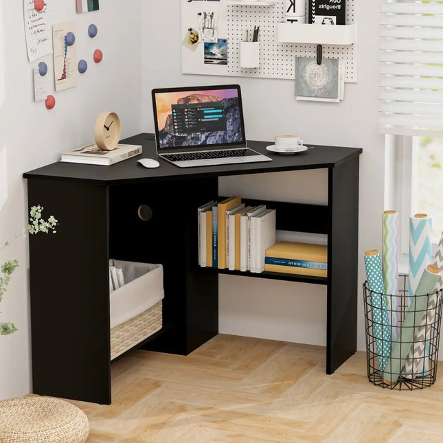 Corner Computer Desk Triangle Writing Workstation with Storage Shelf-Black - Black - Corner Desks