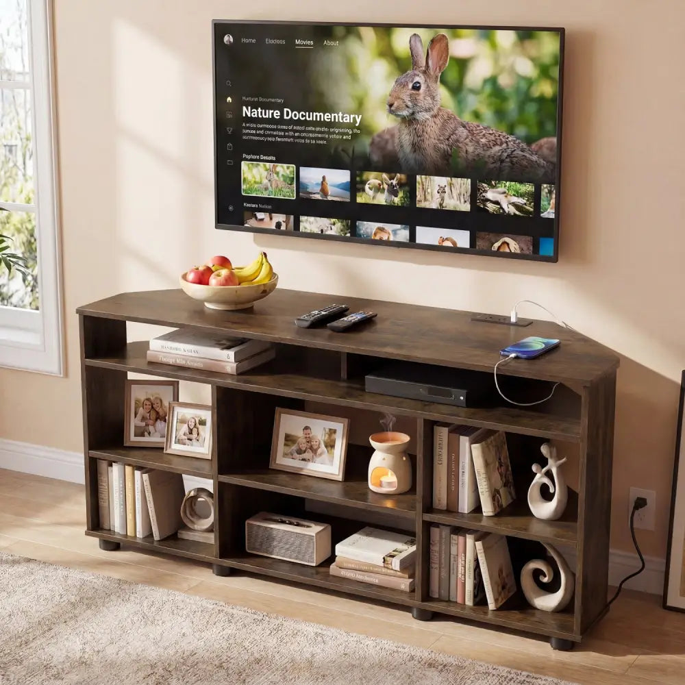 Corner Entertainment Center TV Stand for TVs up to 55 Inch-Rustic Brown - Rustic Brown - Entertainment Centers & TV