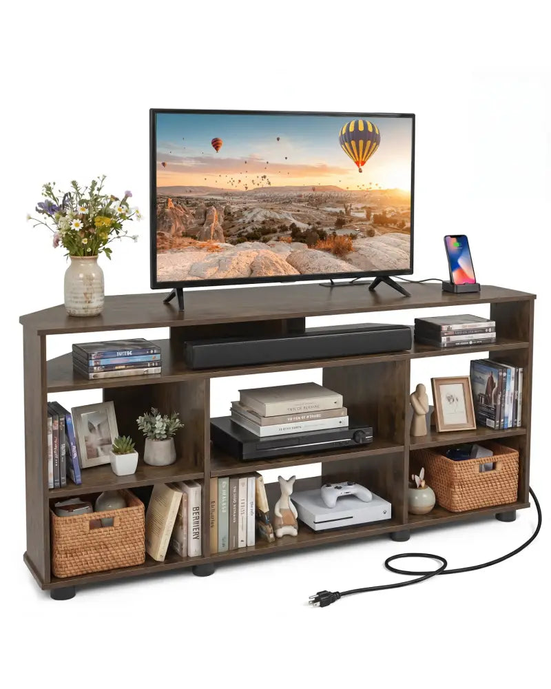 Corner Entertainment Center TV Stand for TVs up to 55 Inch-Rustic Brown - Rustic Brown - Entertainment Centers & TV