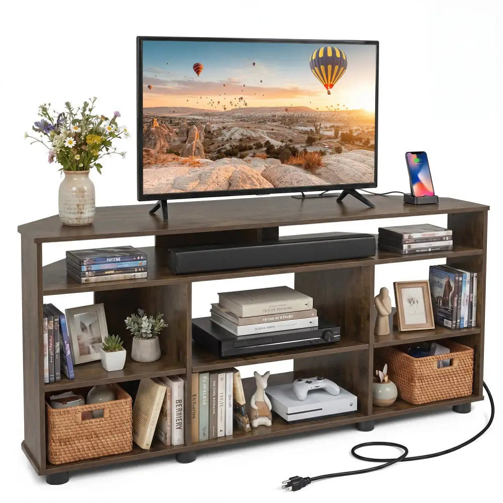 Corner Entertainment Center TV Stand for TVs up to 55 Inch-Rustic Brown - Rustic Brown - Entertainment Centers & TV