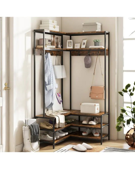 Corner Garment Rack with Open Shelves and 7 Hooks Shoe Bench-Rustic Brown - Rustic Brown - Clothing & Closet Storage