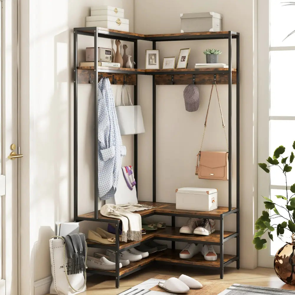Corner Garment Rack with Open Shelves and 7 Hooks Shoe Bench-Rustic Brown - Rustic Brown - Clothing & Closet Storage