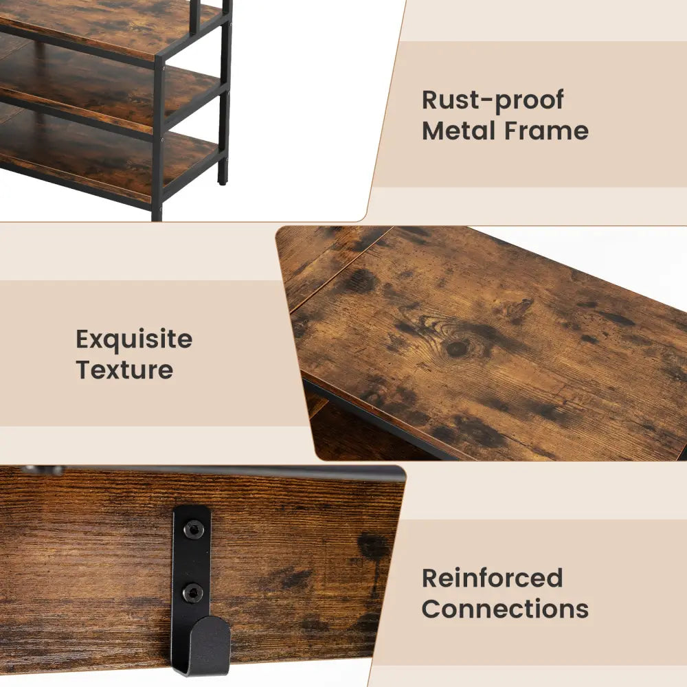 Corner Garment Rack with Open Shelves and 7 Hooks Shoe Bench-Rustic Brown - Rustic Brown - Clothing & Closet Storage