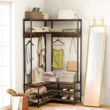 Corner Garment Rack with Open Shelves and 7 Hooks Shoe Bench-Rustic Brown - Rustic Brown - Clothing & Closet Storage