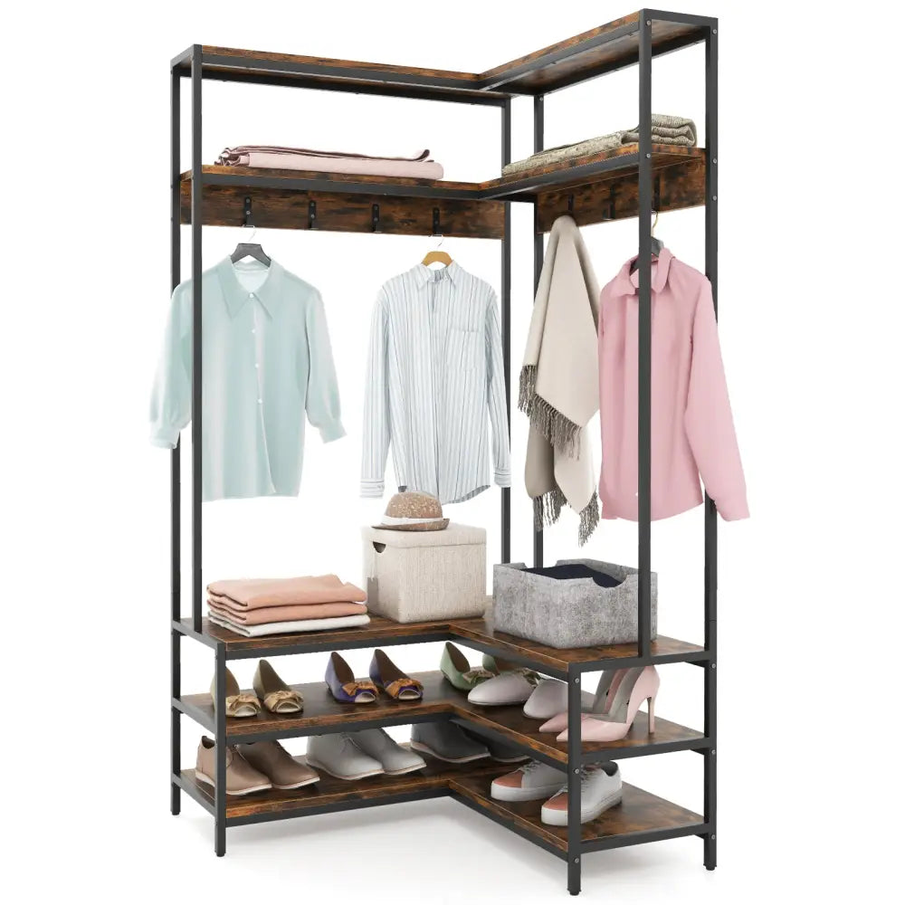Corner Garment Rack with Open Shelves and 7 Hooks Shoe Bench-Rustic Brown - Rustic Brown - Clothing & Closet Storage