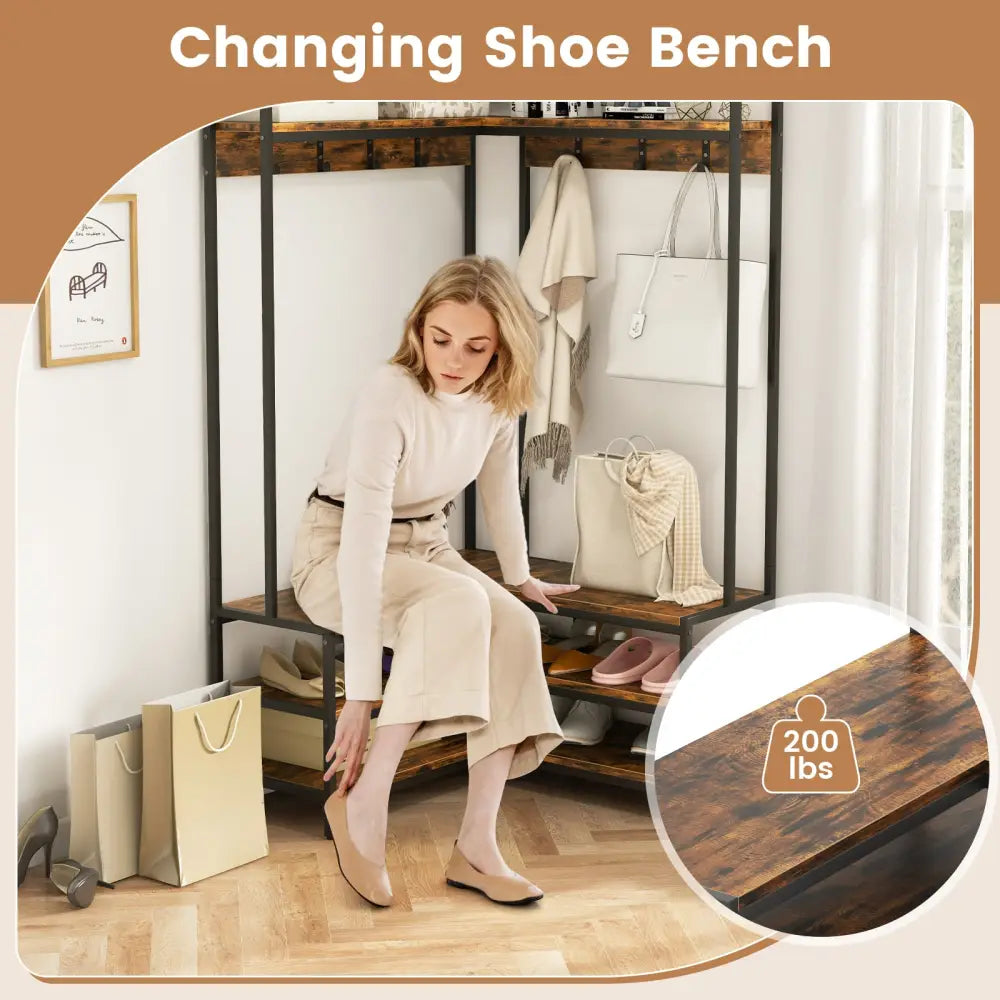 Corner Garment Rack with Open Shelves and 7 Hooks Shoe Bench-Rustic Brown - Rustic Brown - Clothing & Closet Storage