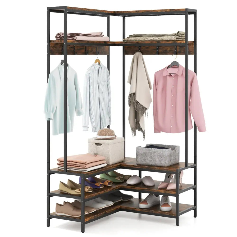 Corner Garment Rack with Open Shelves and 7 Hooks Shoe Bench-Rustic Brown - Rustic Brown - Clothing & Closet Storage