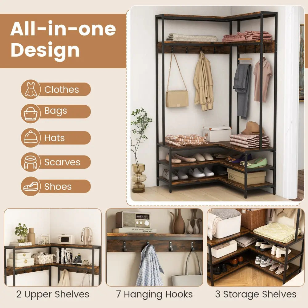 Corner Garment Rack with Open Shelves and 7 Hooks Shoe Bench-Rustic Brown - Rustic Brown - Clothing & Closet Storage