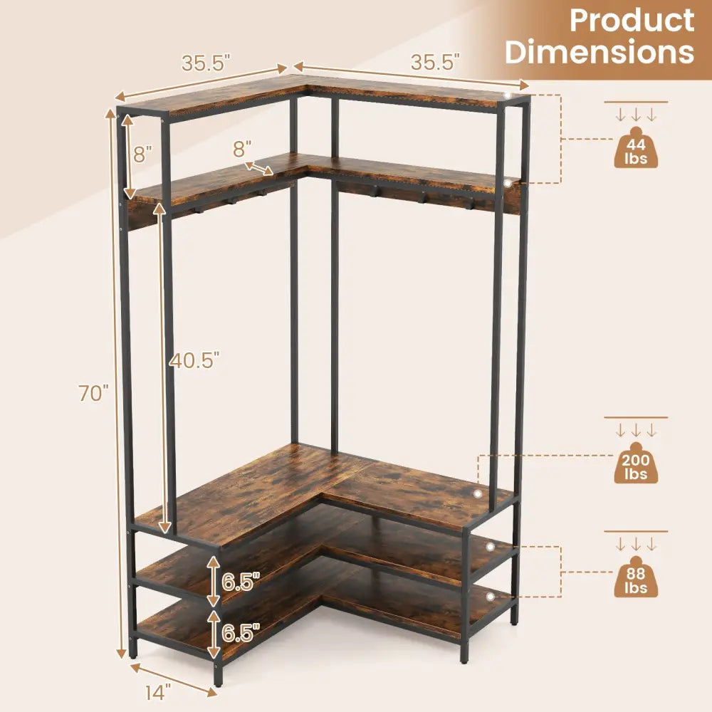 Corner Garment Rack with Open Shelves and 7 Hooks Shoe Bench-Rustic Brown - Rustic Brown - Clothing & Closet Storage